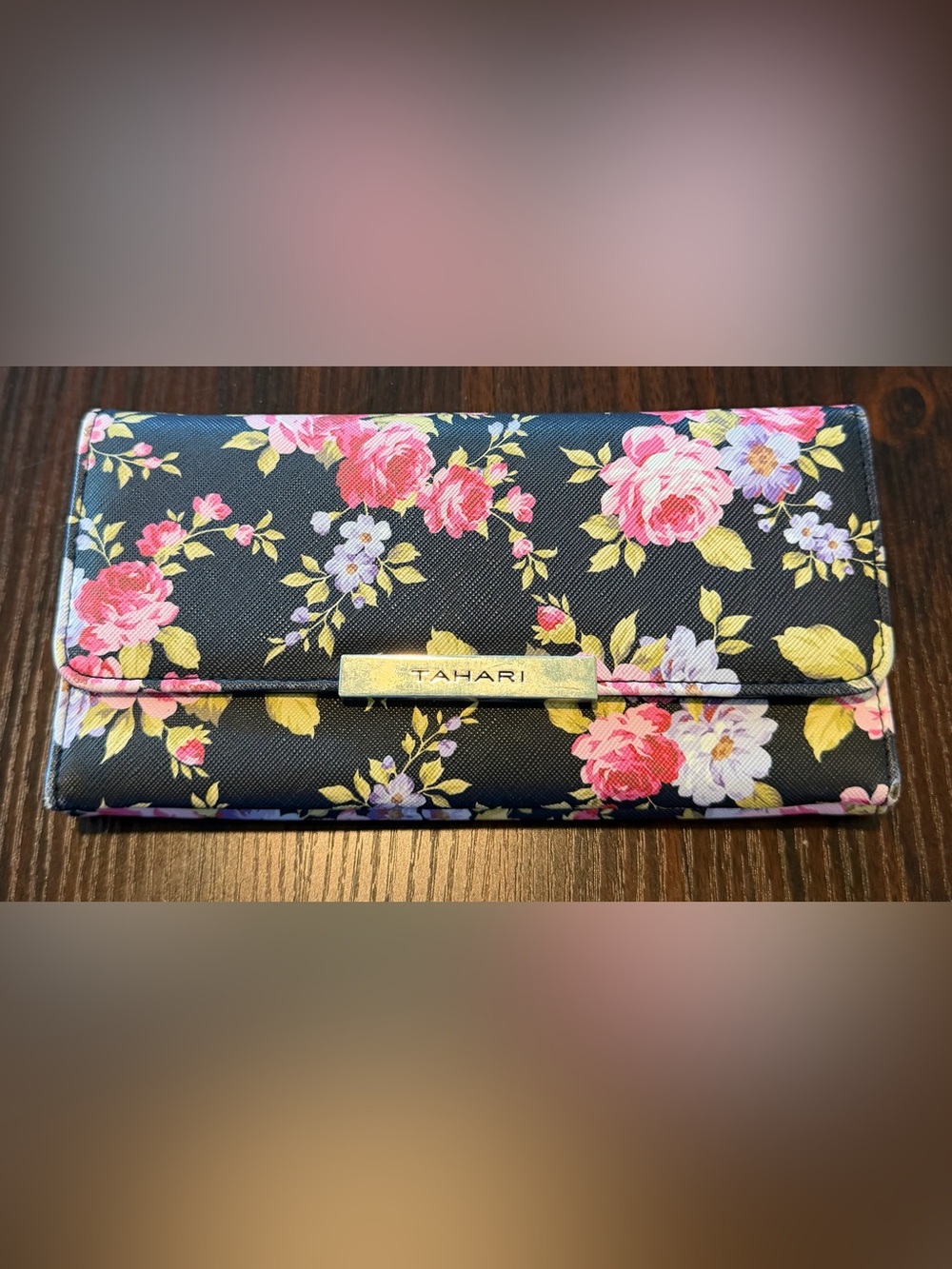 Tahari Black Floral Wallet with Pink Roses